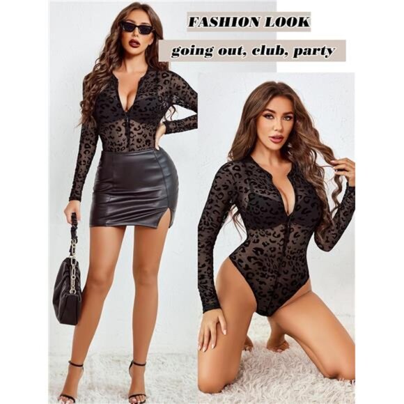 Womens Mesh Bodysuit Long Sleeve - Picture 5 of 6